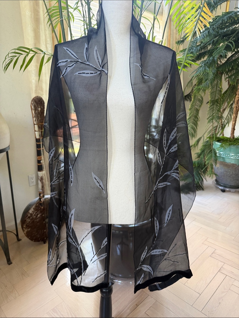 Sheer Black Embroidered Scarf